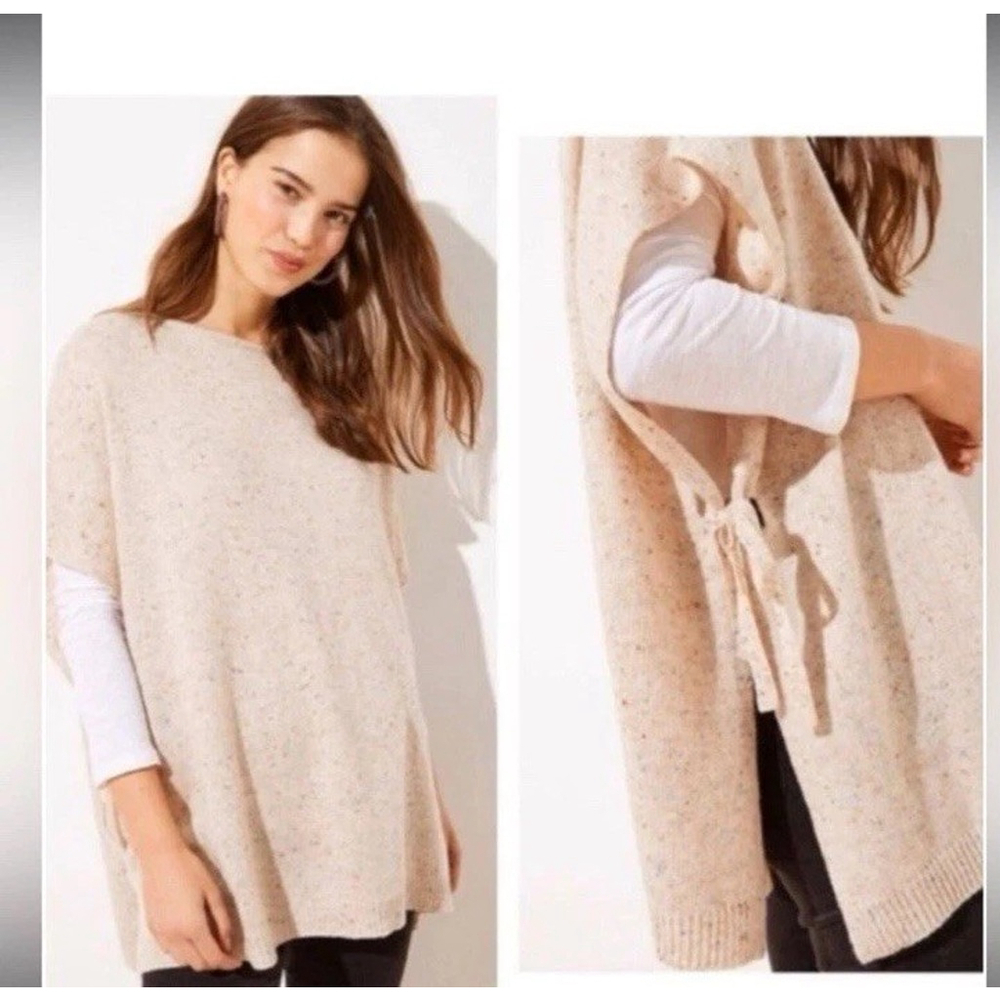 LOFT Women’s Flecked Side Tie Poncho Sweater Wool Blend M/L Cozy Oversized Beige